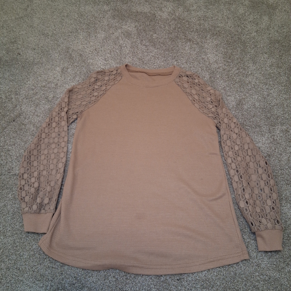 Tan Long Sleeve Top with Lace Sleeves
